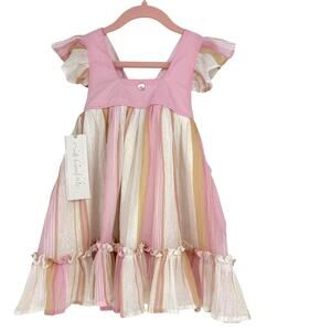 NWT Well Dressed Wolf Girls Pink Gold Stripe Ruffle Dress Size 4T